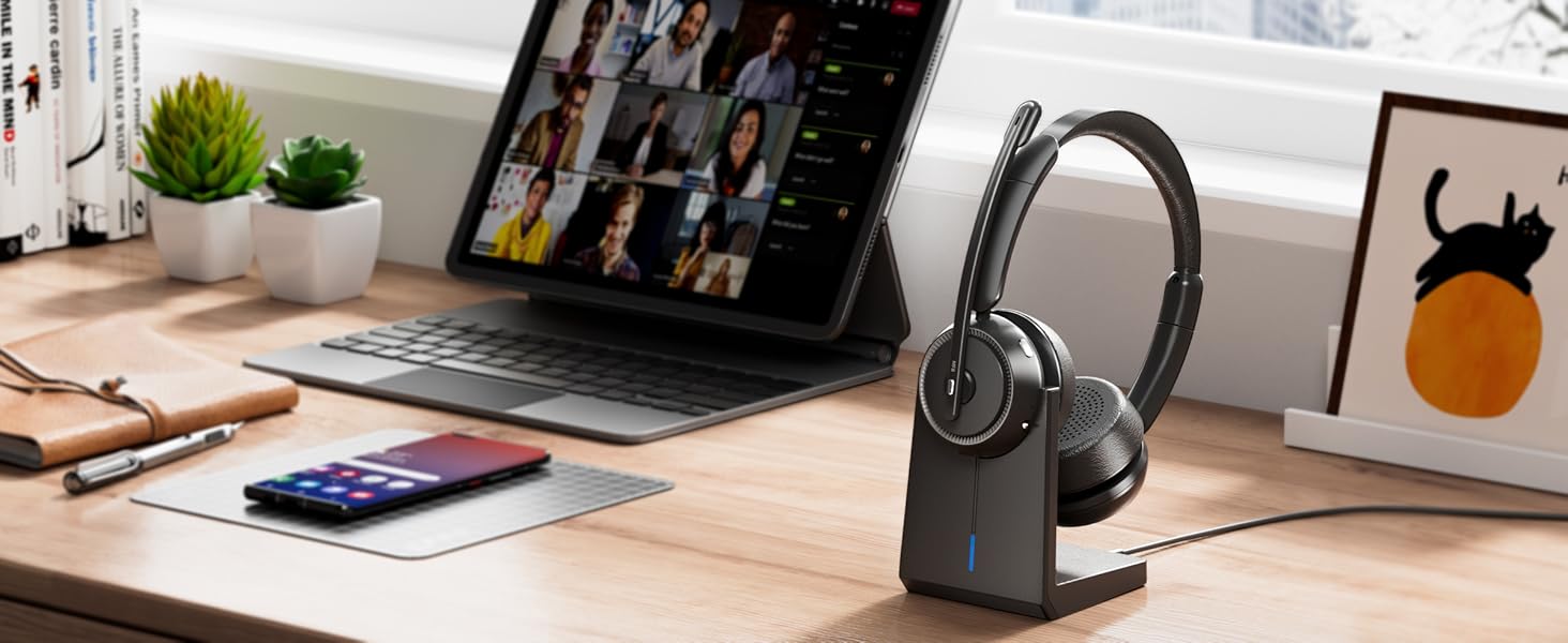 Upgrade ANC & ENC Headset with Microphone for PC, Wireless Headset with Mic for Work(Flip-to-Mute & 